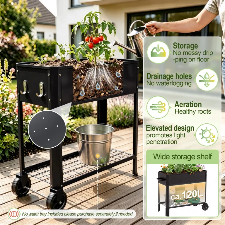 UISEBRT Mobiles Hochbeet mit Rollen und Ablage,56L Blumenbeet aus Metall,Rostfrei & Wetterfest, 80x35x80cm Erhöhtes Frühbeet Kräuterbeet für Garten Balkon Terrasse,Schwarz – Bild 5