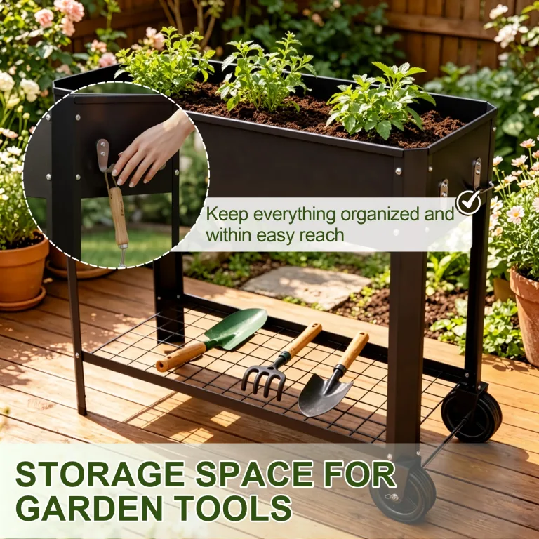 UISEBRT Mobiles Hochbeet mit Rollen und Ablage,56L Blumenbeet aus Metall,Rostfrei & Wetterfest, 80x35x80cm Erhöhtes Frühbeet Kräuterbeet für Garten Balkon Terrasse,Schwarz – Bild 6