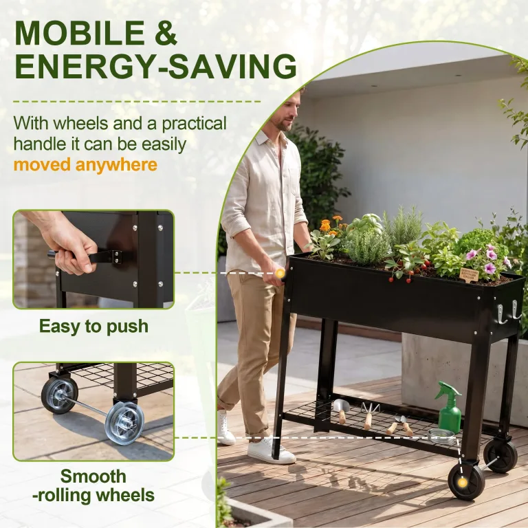 UISEBRT Mobiles Hochbeet mit Rollen und Ablage,56L Blumenbeet aus Metall,Rostfrei & Wetterfest, 80x35x80cm Erhöhtes Frühbeet Kräuterbeet für Garten Balkon Terrasse,Schwarz – Bild 7