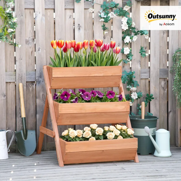 Outsunny Vertikales Hochbeet mit 3 Etagen Vertikalbeet aus Holz Blumenkasten mit 3 Pflanzkästen und Ablauflöchern Blumenbeet Kräuterbeet Blumentreppe für Terrasse Balkon Garten 65 x 75 x 76 cm Braun – Bild 2