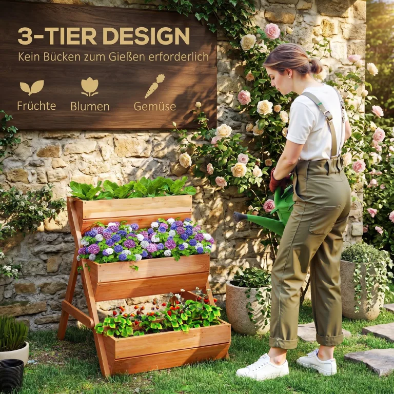 Outsunny Vertikales Hochbeet mit 3 Etagen Vertikalbeet aus Holz Blumenkasten mit 3 Pflanzkästen und Ablauflöchern Blumenbeet Kräuterbeet Blumentreppe für Terrasse Balkon Garten 65 x 75 x 76 cm Braun – Bild 3