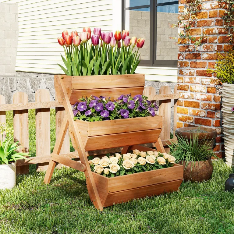 Outsunny Vertikales Hochbeet mit 3 Etagen Vertikalbeet aus Holz Blumenkasten mit 3 Pflanzkästen und Ablauflöchern Blumenbeet Kräuterbeet Blumentreppe für Terrasse Balkon Garten 65 x 75 x 76 cm Braun – Bild 8