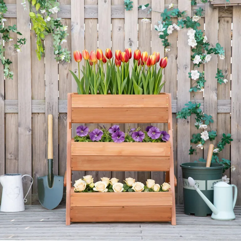 Outsunny Vertikales Hochbeet mit 3 Etagen Vertikalbeet aus Holz Blumenkasten mit 3 Pflanzkästen und Ablauflöchern Blumenbeet Kräuterbeet Blumentreppe für Terrasse Balkon Garten 65 x 75 x 76 cm Braun – Bild 9