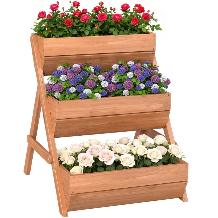 Outsunny Vertikales Hochbeet mit 3 Etagen Vertikalbeet aus Holz Blumenkasten mit 3 Pflanzkästen und Ablauflöchern Blumenbeet Kräuterbeet Blumentreppe für Terrasse Balkon Garten 65 x 75 x 76 cm Braun – Bild 1