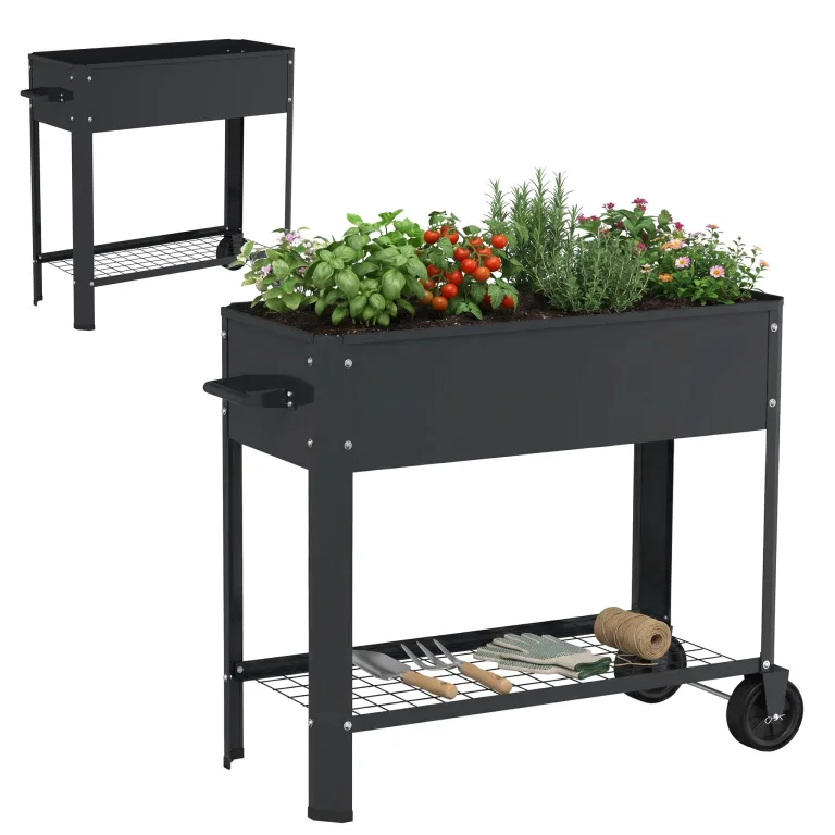 Hochbeet mit Rädern & Ablage, Metall Pflanzkasten Blumenbett, verzinkt Blumenkaste, mobiles Gartenbeet mit Griff, Frühbeet für Balkon Terrasse, ideal für Gemüse Kräuter Blumen, Schwarz