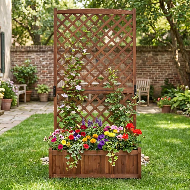 COSTWAY Blumenkasten mit Rankgitter, Pflanzkasten Tannenholz, Pflanzkübel mit Sichtschutz, Hochbeet mit Spalier, Drainagelöchern, Rankhilfe für Kletterpflanzen Garten Terrasse, 90x45x180,5cm (Braun) – Bild 2