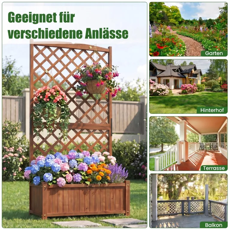 COSTWAY Blumenkasten mit Rankgitter, Pflanzkasten Tannenholz, Pflanzkübel mit Sichtschutz, Hochbeet mit Spalier, Drainagelöchern, Rankhilfe für Kletterpflanzen Garten Terrasse, 90x45x180,5cm (Braun) – Bild 8