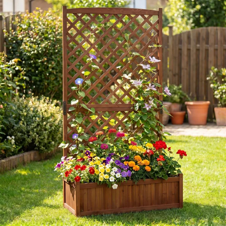 COSTWAY Blumenkasten mit Rankgitter, Pflanzkasten Tannenholz, Pflanzkübel mit Sichtschutz, Hochbeet mit Spalier, Drainagelöchern, Rankhilfe für Kletterpflanzen Garten Terrasse, 90x45x180,5cm (Braun) – Bild 9