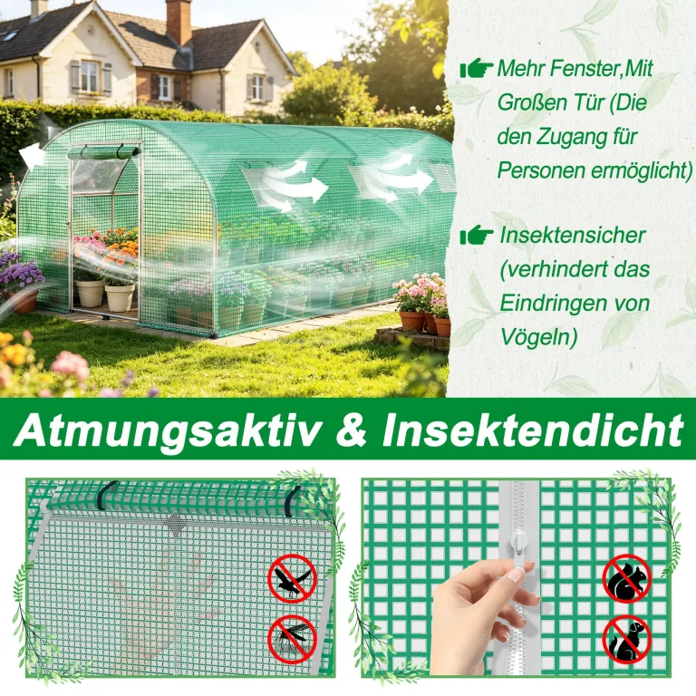 XMTECH Gewächshaus 3x4m 12m², Foliengewächshaus mit 4 Fenstern & Tür, Tomaten Gewächshaus, reißfeste UV-Folie, verzinkter Stahlrahmen, Insektenschutz, wetterfest & frostgeschützt für Gartenpflanzen – Bild 5