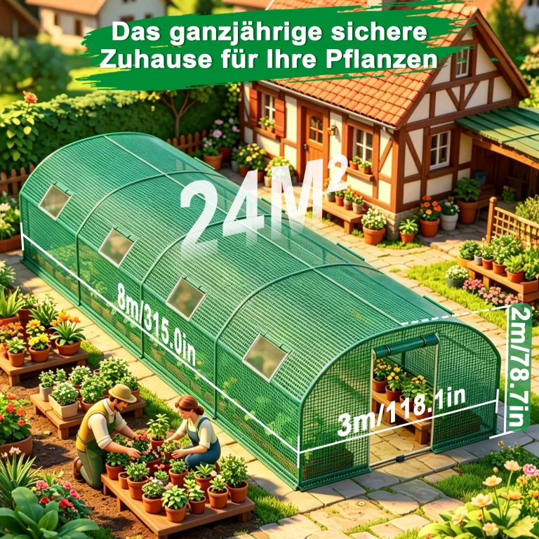 XMTECH Gewächshaus 3x8m 24m², Foliengewächshaus mit 8 Fenstern, Tomaten Gewächshaus, langlebige Schutzfolie, Stabiler Stahlrahmen, Wind- & frostfest, einfacher Aufbau für ganzjähriges Gärtnern – Bild 2