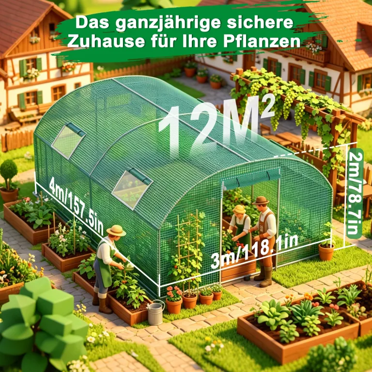 Gewächshaus für Garten 3x4m Tomatenhaus mit 4 Fenstern, UV-beständig, mit verzinktem Stahlrahmen & Moskitonetz, ideal für Gemüse, Obst & Blumen, 12m² Grün – Bild 2