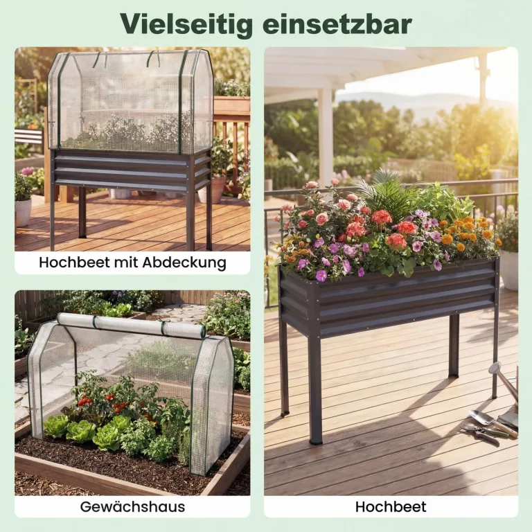COSTWAY 3 in 1 Hochbeet mit PE-Abdeckung, erhöhtes Gartenbeet aus verzinktem Metall, Gewächshaus mit rollbarer Tür, Pflanzbeet Kräuterbeet für Garten Balkon Terrasse, 112 x 55 x 152 cm (Grau) – Bild 3