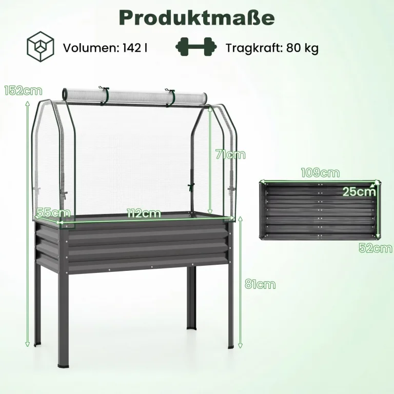 COSTWAY 3 in 1 Hochbeet mit PE-Abdeckung, erhöhtes Gartenbeet aus verzinktem Metall, Gewächshaus mit rollbarer Tür, Pflanzbeet Kräuterbeet für Garten Balkon Terrasse, 112 x 55 x 152 cm (Grau) – Bild 6