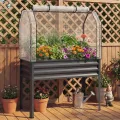 COSTWAY 3 in 1 Hochbeet mit PE-Abdeckung, erhöhtes Gartenbeet aus verzinktem Metall, Gewächshaus mit rollbarer Tür, Pflanzbeet Kräuterbeet für Garten Balkon Terrasse, 112 x 55 x 152 cm (Grau) - Thumbnail 9