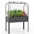 COSTWAY 3 in 1 Hochbeet mit PE-Abdeckung, erhöhtes Gartenbeet aus verzinktem Metall, Gewächshaus mit rollbarer Tür, Pflanzbeet Kräuterbeet für Garten Balkon Terrasse, 112 x 55 x 152 cm (Grau) - Thumbnail 1