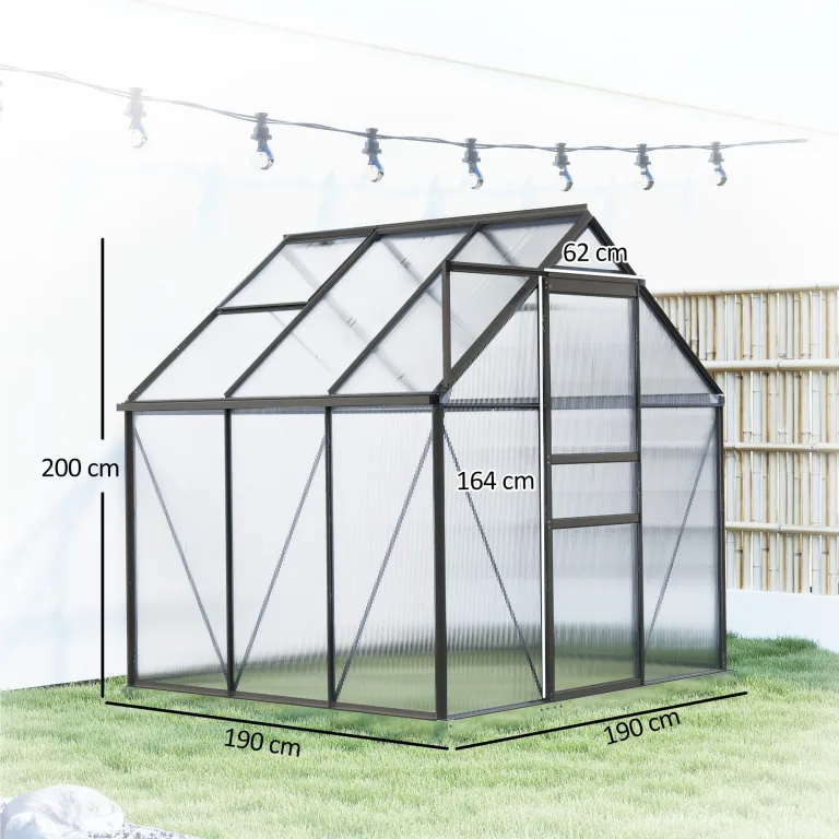 Outsunny Gewächshaus für den Garten, aus Polycarbonat mit Rahmen aus Aluminiumlegierung, 3,6 m², Gewächshaus für den Garten mit Fundament, Dachrinnen, verstellbares Dachfenster, Flügeltür, für – Bild 6