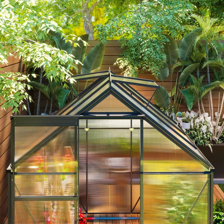 Outsunny Gewächshaus für den Garten, aus Polycarbonat mit Rahmen aus Aluminiumlegierung, 3,6 m², Gewächshaus für den Garten mit Fundament, Dachrinnen, verstellbares Dachfenster, Flügeltür, für – Bild 7
