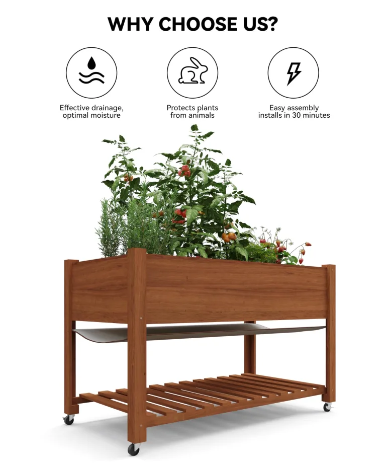 Hochbeet Aus Holz Mit Rollen Und Ablageboden 122x61x76 cm—Als Hochbeet Für Gemüse, Kräuter & Blumen, Wetterfest & Einfache Montage, Teak – Bild 5