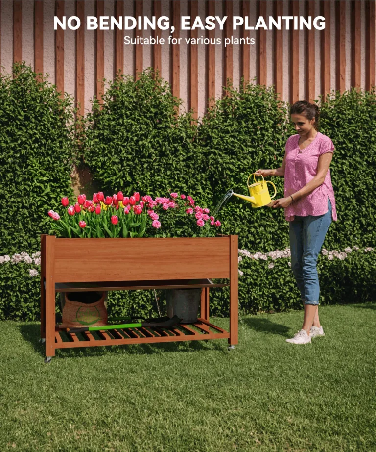 Hochbeet Aus Holz Mit Rollen Und Ablageboden 122x61x76 cm—Als Hochbeet Für Gemüse, Kräuter & Blumen, Wetterfest & Einfache Montage, Teak – Bild 6