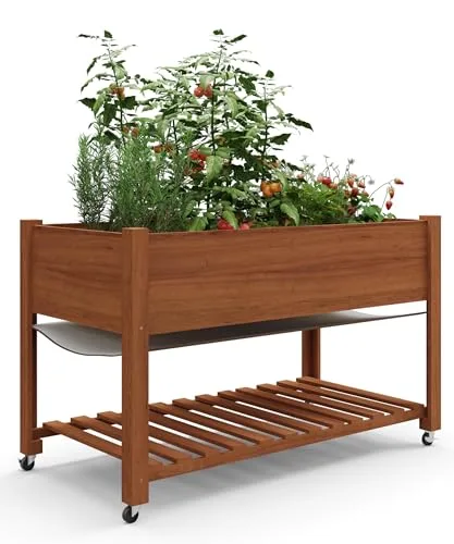 Hochbeet Aus Holz Mit Rollen Und Ablageboden 122x61x76 cm—Als Hochbeet Für Gemüse, Kräuter & Blumen, Wetterfest & Einfache Montage, Teak – Bild 10