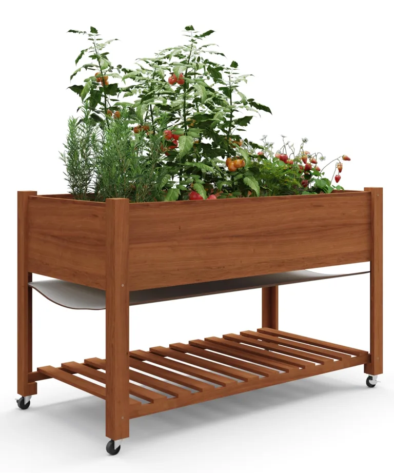 Hochbeet Aus Holz Mit Rollen Und Ablageboden 122x61x76 cm—Als Hochbeet Für Gemüse, Kräuter & Blumen, Wetterfest & Einfache Montage, Teak – Bild 1