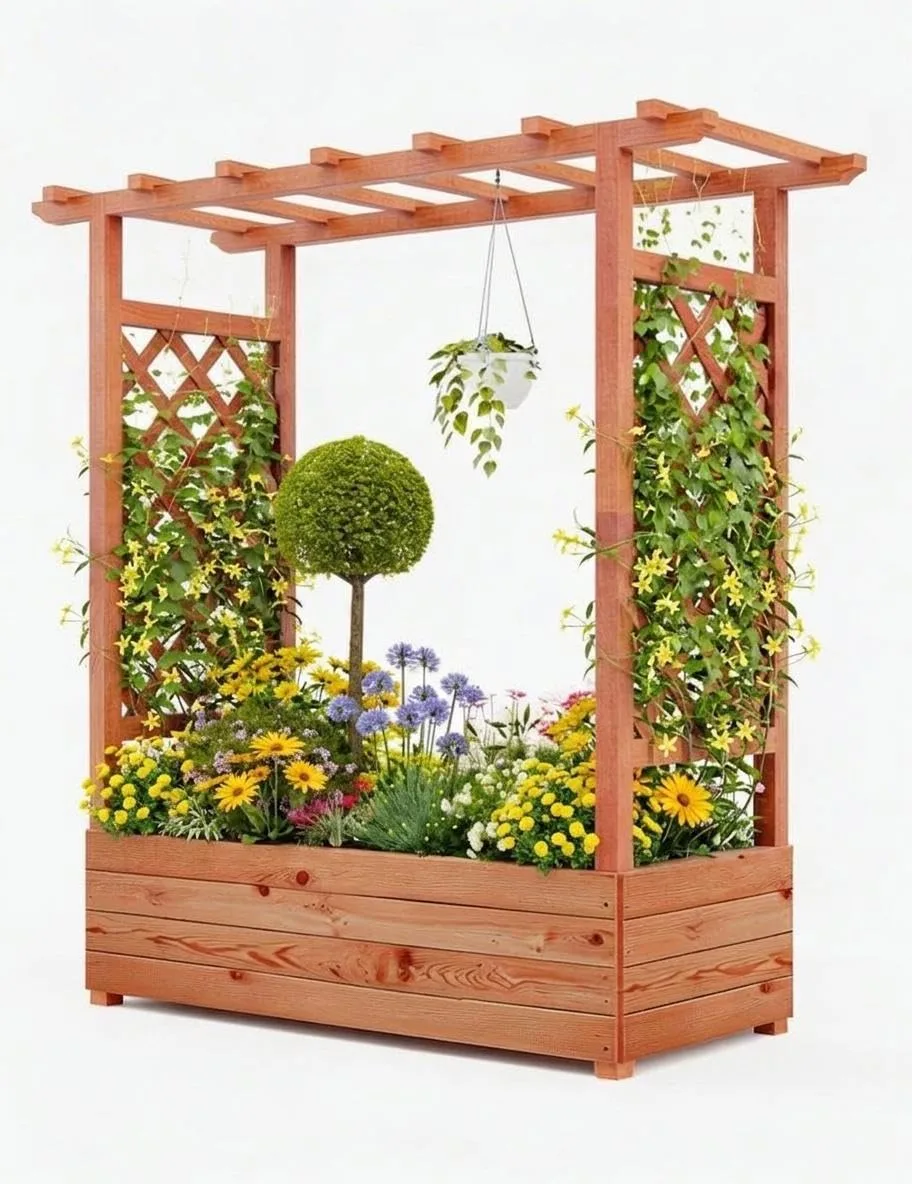Acekool Hochbeet Mit Rankgitter & Dach 110x44x113.5 cm– Blumenkasten Mit Spalier & 4 Abflusslöchern, Pflanzkasten Aus Holz, Vertikaler Pflanzer Für Kletterpflanzen & Weinreben