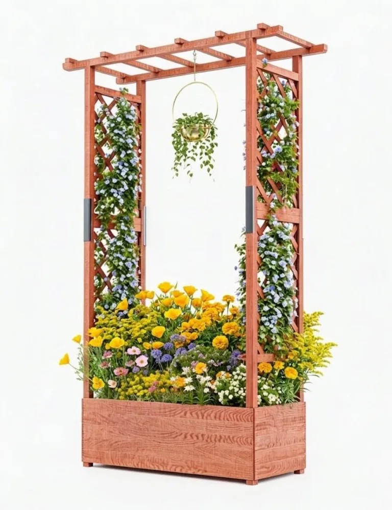 Acekool Hochbeet Mit Rankgitter & Dach 110x44x113.5 cm– Blumenkasten Mit Spalier & 4 Abflusslöchern, Pflanzkasten Aus Holz, Vertikaler Pflanzer Für Kletterpflanzen & Weinreben – Bild 8