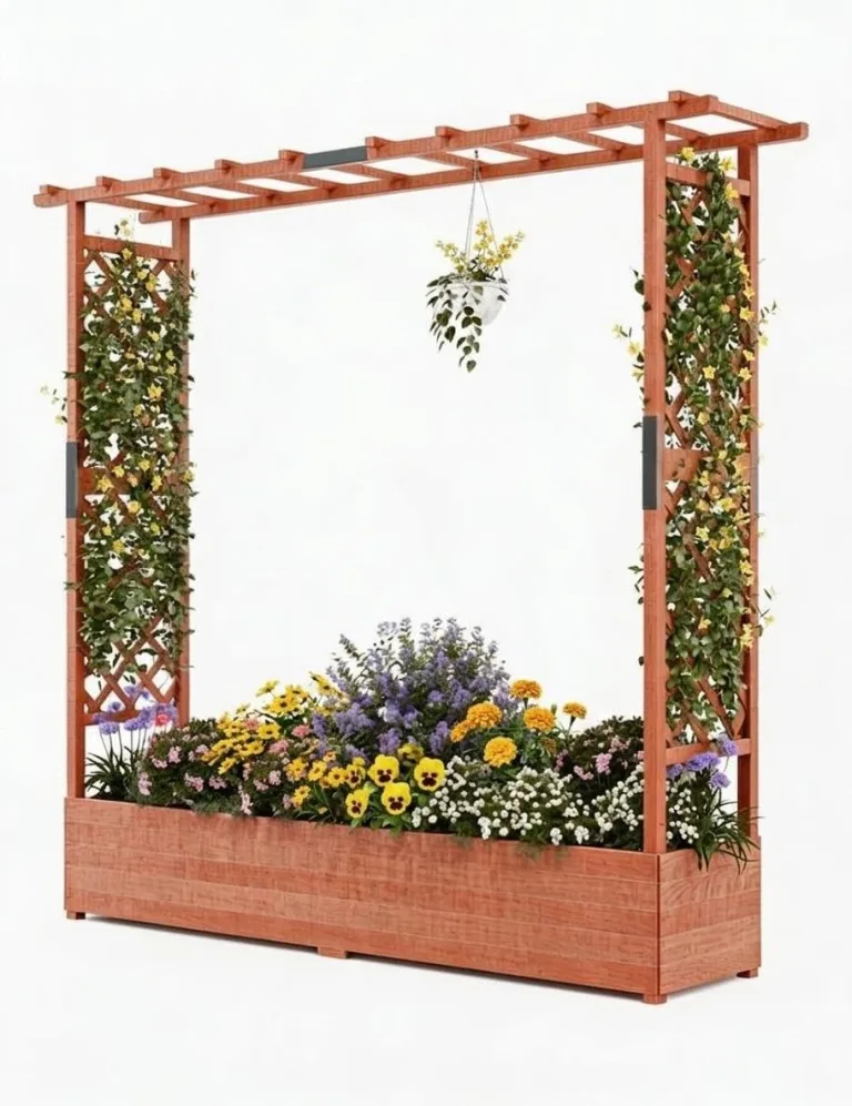 Acekool Hochbeet Mit Rankgitter & Dach 110x44x113.5 cm– Blumenkasten Mit Spalier & 4 Abflusslöchern, Pflanzkasten Aus Holz, Vertikaler Pflanzer Für Kletterpflanzen & Weinreben – Bild 9