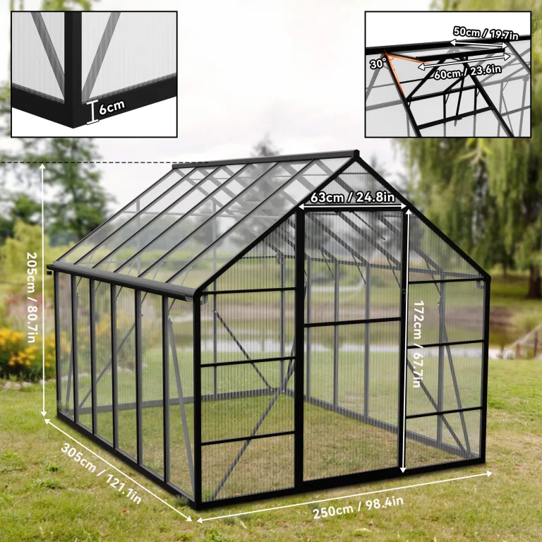 Gewächshaus mit Fundament 310x250x205 cm Tomatenhaus Treibhaus Gartengewächshaus Aluminium mit Schiebetür und Dachfenster - Stabil, Winterfest, UV-beständig – Bild 2