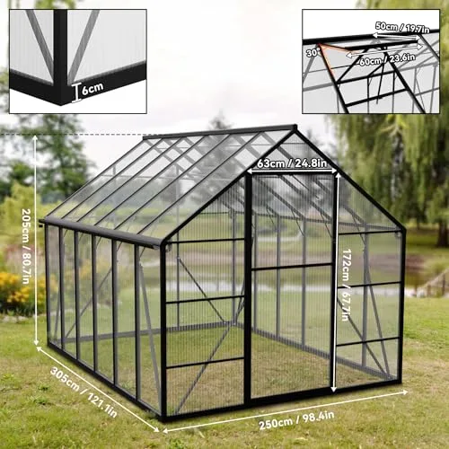 Gewächshaus mit Fundament 310x250x205 cm Tomatenhaus Treibhaus Gartengewächshaus Aluminium mit Schiebetür und Dachfenster - Stabil, Winterfest, UV-beständig – Bild 10