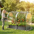 COSTWAY 3 in 1 Hochbeet Metall mit Gewächshaus, Foliengewächshaus mit PVC-Abdeckung & 2 Fenstern, Frühbeet für Kräuter, Blumen & Gemüse, Blumenbeet für Balkon, Garten, 180x100x145 cm (Schwarz) - Thumbnail 2