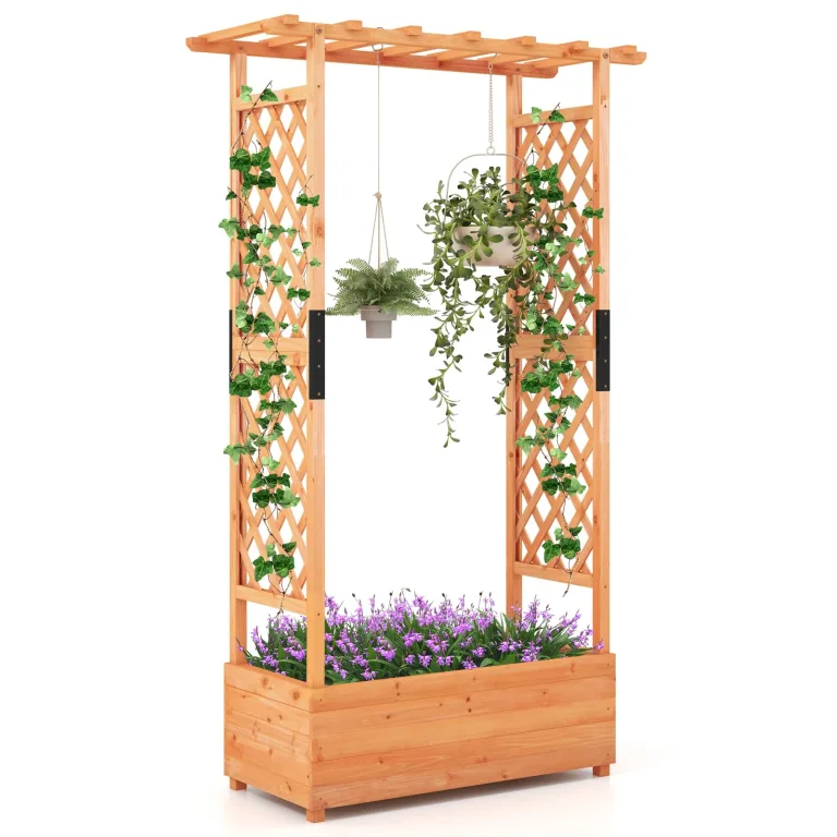 GOPLUS Blumenkasten mit Rankgitter & hängendem Dach, Pflanzkasten Holz mit Rankhilfe, Hochbeet für Kletterpflanzen & hängende Körbe, Pflanzkübel für Garten, Hof & Balkon (200 x 44 x 114 cm,Braun) – Bild 4