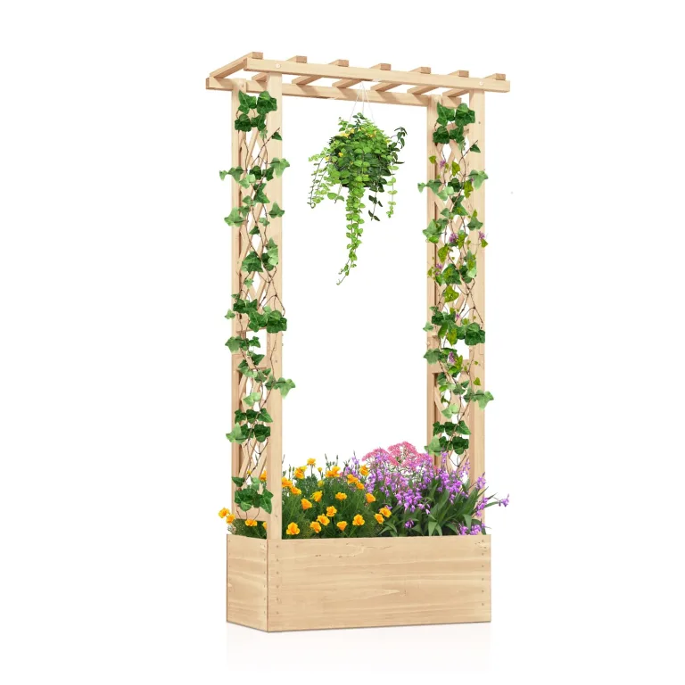 GOPLUS Blumenkasten mit Rankgitter & hängendem Dach, Pflanzkasten Holz mit Rankhilfe, Hochbeet für Kletterpflanzen & hängende Körbe, Pflanzkübel für Garten, Hof & Balkon (200 x 44 x 114 cm,Braun) – Bild 5