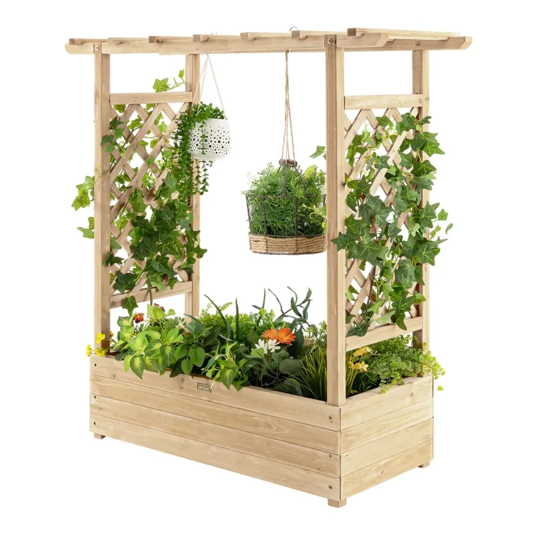 GOPLUS Blumenkasten mit Rankgitter & hängendem Dach, Pflanzkasten Holz mit Rankhilfe, Hochbeet für Kletterpflanzen & hängende Körbe, Pflanzkübel für Garten, Hof & Balkon (200 x 44 x 114 cm,Braun) – Bild 6