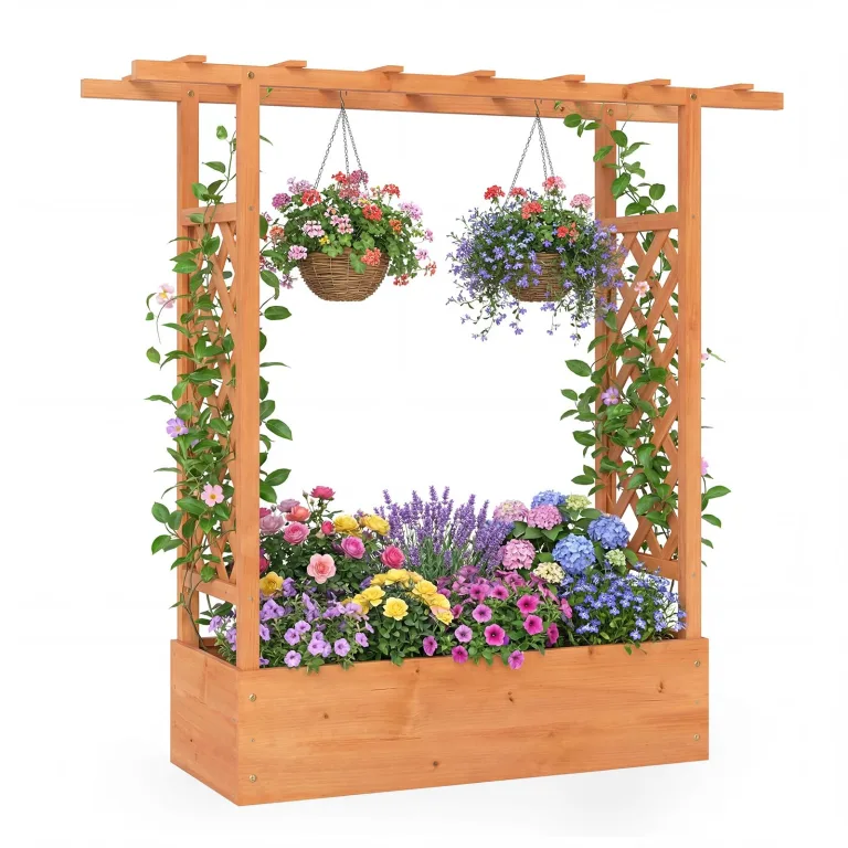 GOPLUS Blumenkasten mit Rankgitter & hängendem Dach, Pflanzkasten Holz mit Rankhilfe, Hochbeet für Kletterpflanzen & hängende Körbe, Pflanzkübel für Garten, Hof & Balkon (200 x 44 x 114 cm,Braun) – Bild 10