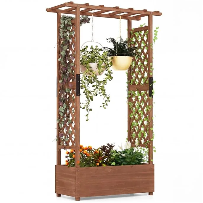 GOPLUS Blumenkasten mit Rankgitter & hängendem Dach, Pflanzkasten Holz mit Rankhilfe, Hochbeet für Kletterpflanzen & hängende Körbe, Pflanzkübel für Garten, Hof & Balkon (200 x 44 x 114 cm,Braun) – Bild 1