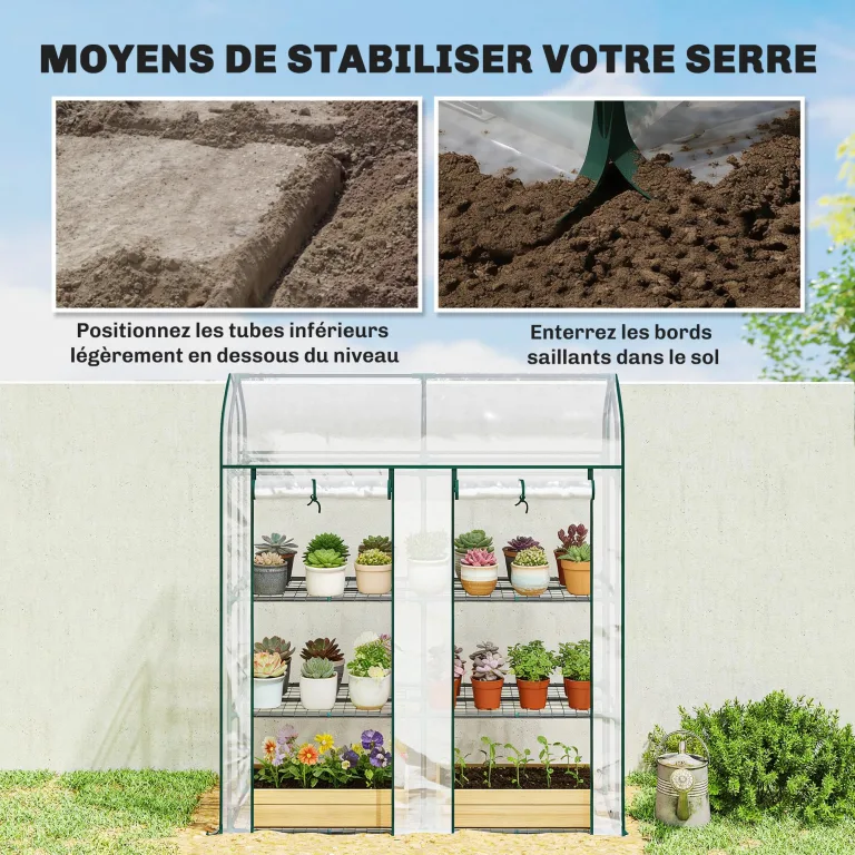Outsunny Garten-Gewächshaus mit Regalen, 3 Ebenen, Spitzdach, kleines Balkongewächshaus aus PVC-Plane und Stahlrahmen, 2 Rolltüren, für Gemüse, Pflanzen, Blumen, 143 x 46 x 165 cm, transparent – Bild 5