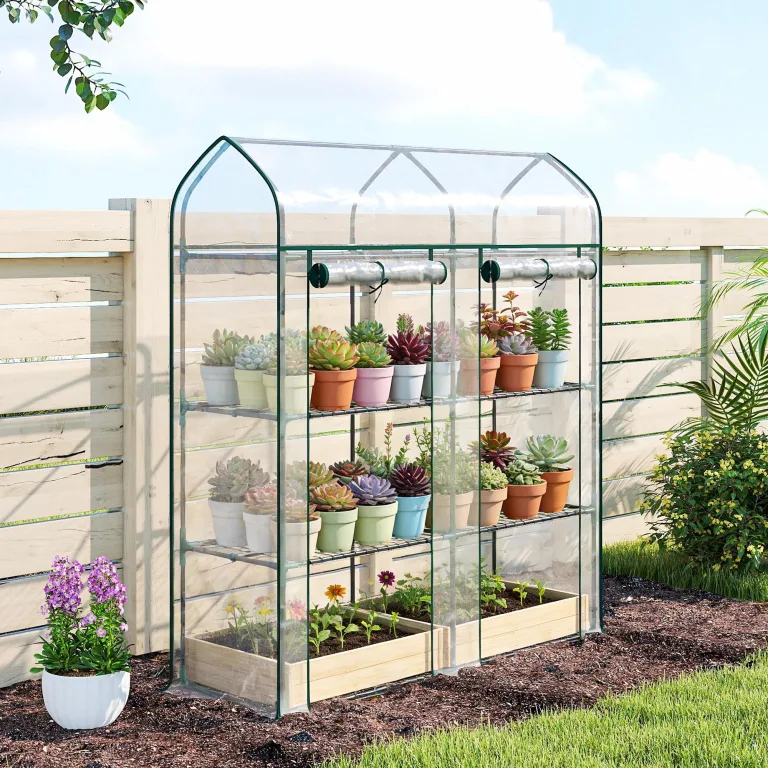 Outsunny Garten-Gewächshaus mit Regalen, 3 Ebenen, Spitzdach, kleines Balkongewächshaus aus PVC-Plane und Stahlrahmen, 2 Rolltüren, für Gemüse, Pflanzen, Blumen, 143 x 46 x 165 cm, transparent – Bild 9