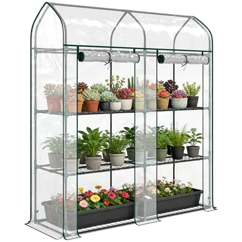 Outsunny Garten-Gewächshaus mit Regalen, 3 Ebenen, Spitzdach, kleines Balkongewächshaus aus PVC-Plane und Stahlrahmen, 2 Rolltüren, für Gemüse, Pflanzen, Blumen, 143 x 46 x 165 cm, transparent – Bild 10