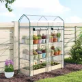 Outsunny Garten-Gewächshaus mit Regalen, 3 Ebenen, Spitzdach, kleines Balkongewächshaus aus PVC-Plane und Stahlrahmen, 2 Rolltüren, für Gemüse, Pflanzen, Blumen, 143 x 46 x 165 cm, transparent - Thumbnail 9