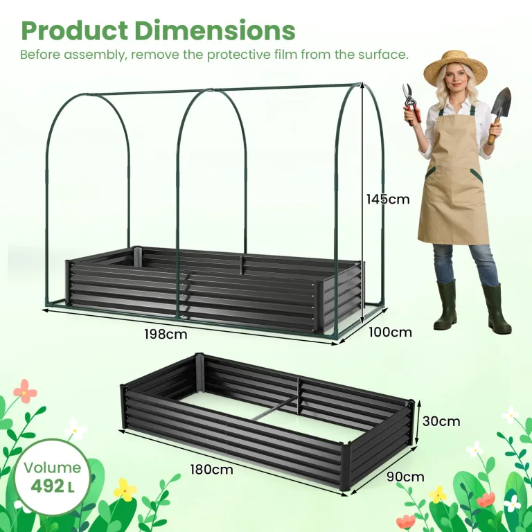 FANTASK 3 in 1 Gewächshaus mit Hochbeet, 180x100x145 cm, Hochbeet Frühbeet mit PVC-Abdeckung & 2 Fenstern, Foliengewächshaus für Kräuter, Blumen & Gemüse, Blumenkasten für Garten (Schwarz) – Bild 3