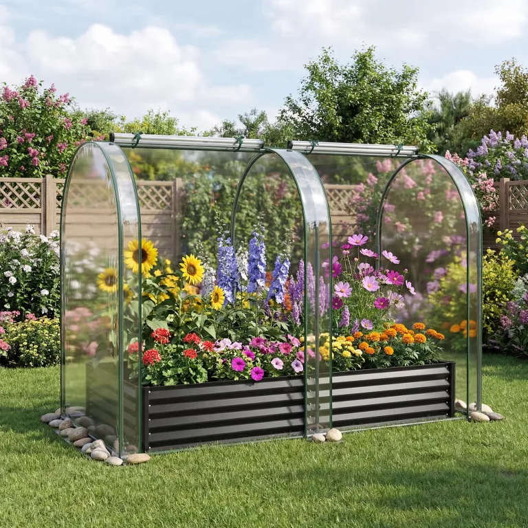FANTASK 3 in 1 Gewächshaus mit Hochbeet, 180x100x145 cm, Hochbeet Frühbeet mit PVC-Abdeckung & 2 Fenstern, Foliengewächshaus für Kräuter, Blumen & Gemüse, Blumenkasten für Garten (Schwarz) – Bild 9