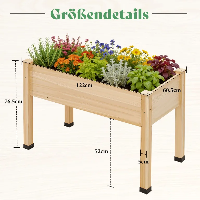 LUXOAK 122x61x77 cm Hochbeet aus Tannenholz mit Beinen, erhöhter Pflanzkasten mit Pflanzvlies, Trennwand und Drainagelöchern, 110 l Fassungsvermögen, für Garten und Terrasse, helles Holz – Bild 2