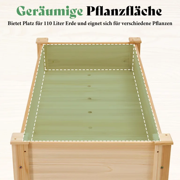LUXOAK 122x61x77 cm Hochbeet aus Tannenholz mit Beinen, erhöhter Pflanzkasten mit Pflanzvlies, Trennwand und Drainagelöchern, 110 l Fassungsvermögen, für Garten und Terrasse, helles Holz – Bild 5