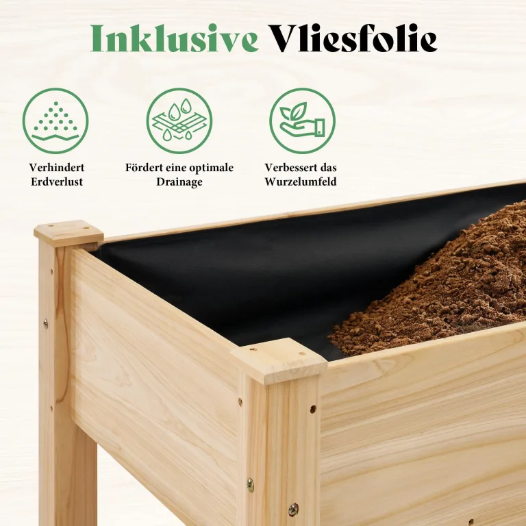 LUXOAK 122x61x77 cm Hochbeet aus Tannenholz mit Beinen, erhöhter Pflanzkasten mit Pflanzvlies, Trennwand und Drainagelöchern, 110 l Fassungsvermögen, für Garten und Terrasse, helles Holz – Bild 7