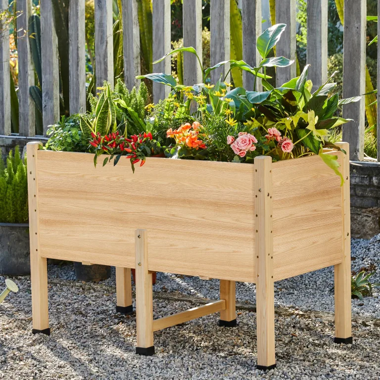 LUXOAK 122x61x77 cm Hochbeet aus Tannenholz mit Beinen, erhöhter Pflanzkasten mit Pflanzvlies, Trennwand und Drainagelöchern, 110 l Fassungsvermögen, für Garten und Terrasse, helles Holz – Bild 10