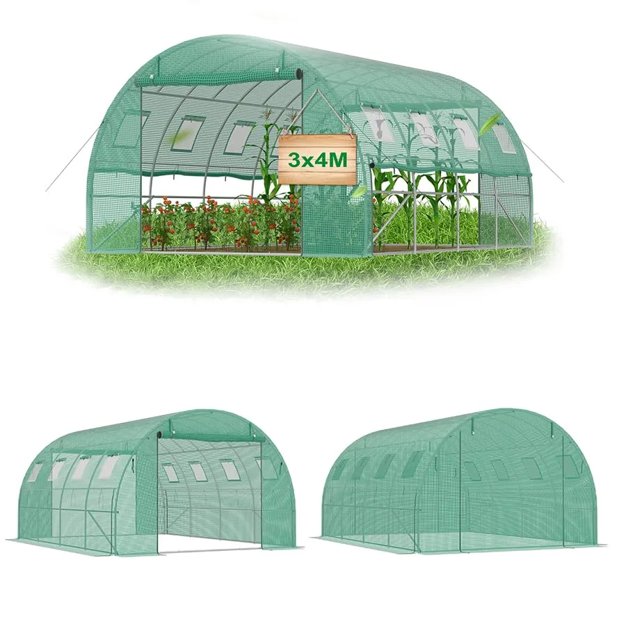 Gewächshaus Foliengewächshaus 400x300x200 cm Tomatenhaus Folientunnel mit verzinktem Stahlrahmen Winterfest Stabil Treibhaus Gartengewächshaus für Garten & Anzucht Grün