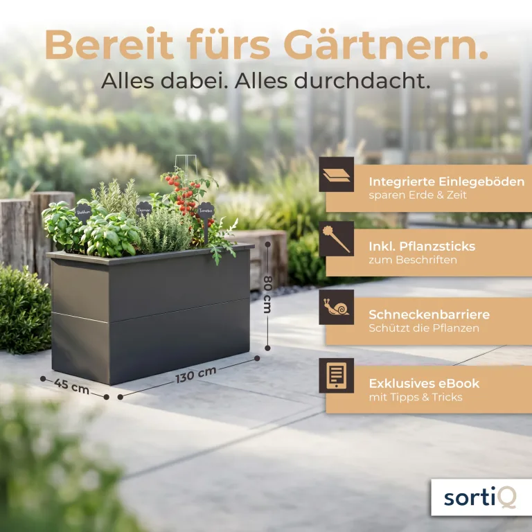 Hochbeet-Set|130x45x80cm|Metall-Hochbeet mit Einlegeboden|Pulverbeschichteter, verzinkter Stahl|Mit Schneckenbarriere und Wühlmausgitter|Inkl. 10 Pflanzsticks – Bild 2