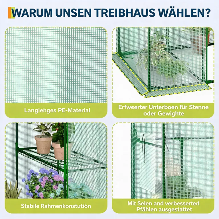 Gewächshaus Foliengewächshaus Verzinkt 143*73*195cm cm, Folientunnel Stabil Mit 1.95 m Stehhöhe, Treibhaus Tomatenhaus Inkl. 1 Rolltüren & Profi-Fixierungs-Set, UV-Beständige Grüne PE-Folie – Bild 7