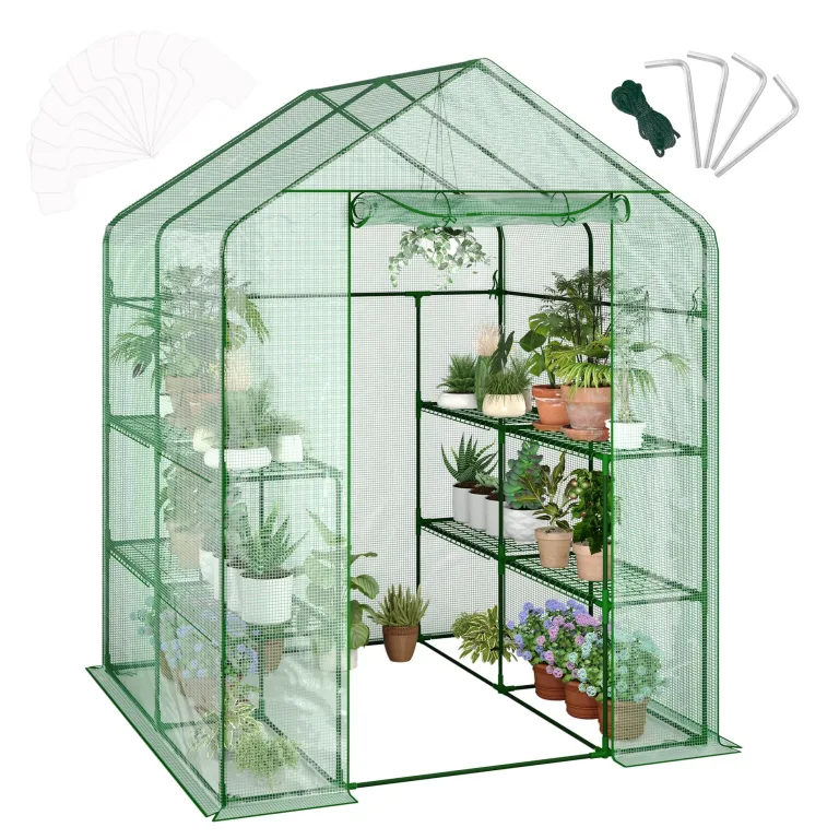 Gewächshaus Foliengewächshaus Verzinkt 143*73*195cm cm, Folientunnel Stabil Mit 1.95 m Stehhöhe, Treibhaus Tomatenhaus Inkl. 1 Rolltüren & Profi-Fixierungs-Set, UV-Beständige Grüne PE-Folie – Bild 9